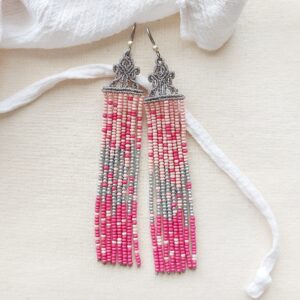pink and silver beaded fringe macrame earrings