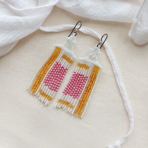 pink graphic beaded macrame earrings