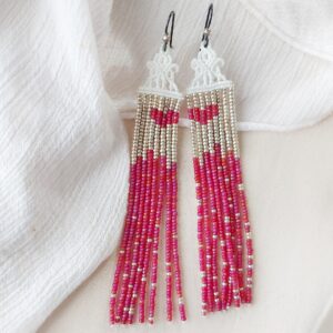 silver and red beaded fringe macrame earrings