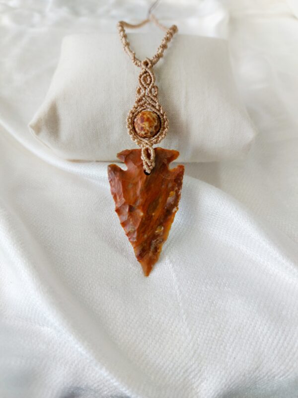 jasper necklace with macrame pendant and arrowhead charm