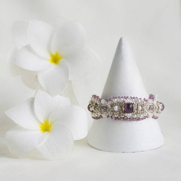lilac, silver and white bridal inspired beaded macrame bracelet