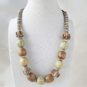 natural wood beaded necklace in blue green and brown, macrame details