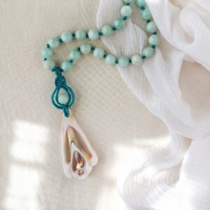 amazonite beaded necklace with macrame pendant and natural shell charm