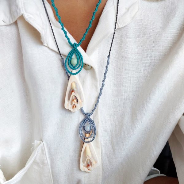 amazonite gemstone macrame pendant with natural shell charm for surfer style, coastal aesthetic
