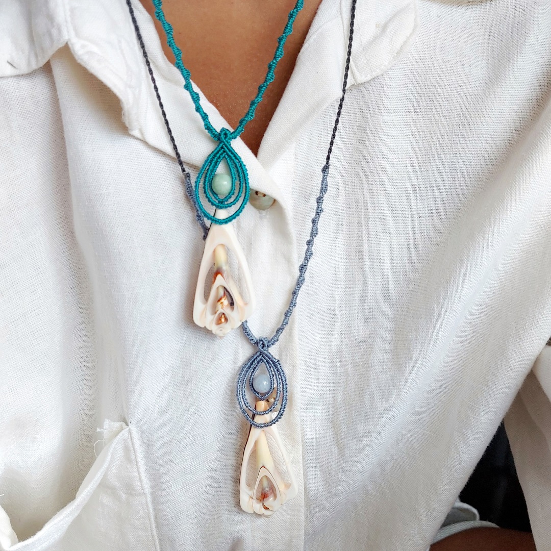 amazonite gemstone macrame pendant with natural shell charm for surfer style, coastal aesthetic