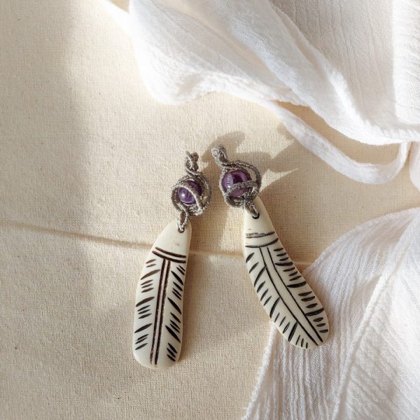 amethyst gemstone macrame pendant with feather charm