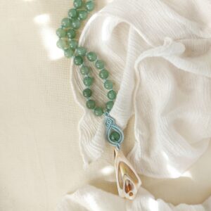 aventurine beaded necklace with macrame pendant and natural shell charm