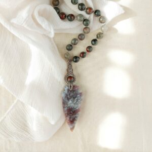 bloodstone beaded necklace with macrame pendant and arrowhead pendant