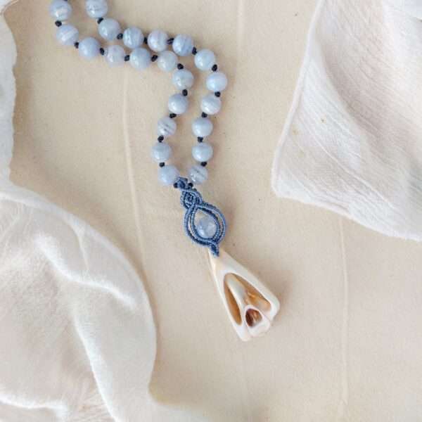 blue lace agate beaded necklace with macrame pendant and natural shell charm