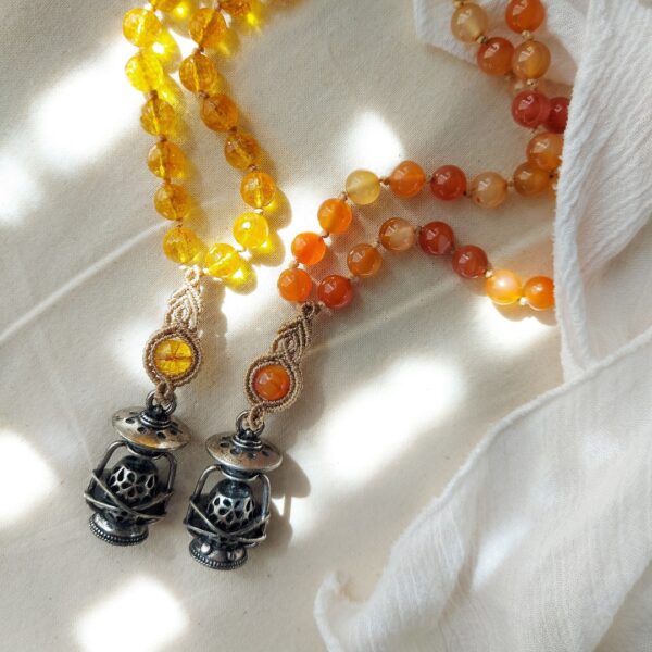 citrine beaded necklace with macrame pendant and lantern charm