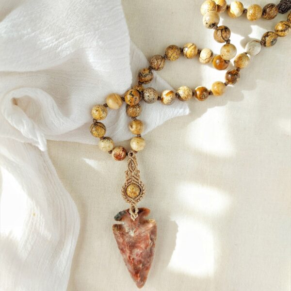 jasper beaded necklace with macrame pendant and arrowhead pendant