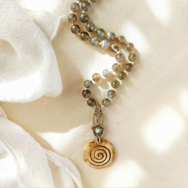labradorite gemstone beaded necklace with macrame pendant and spiral pendant
