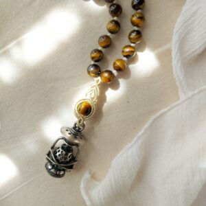 brown tiger eye beaded necklace with macrame pendant and lantern charm