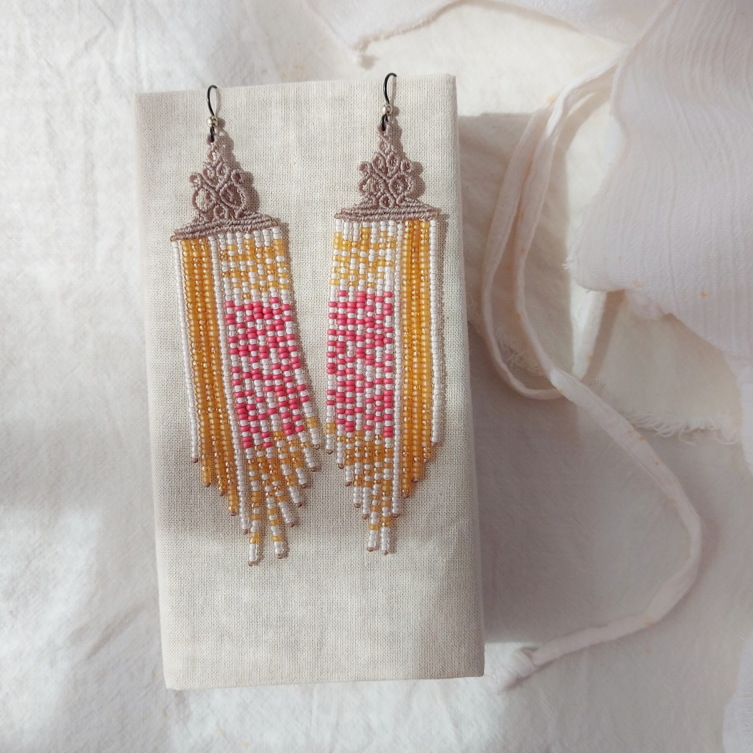 pink rain lily beaded fringe earrings with woven macrame details and hypoallergenic ear hooks